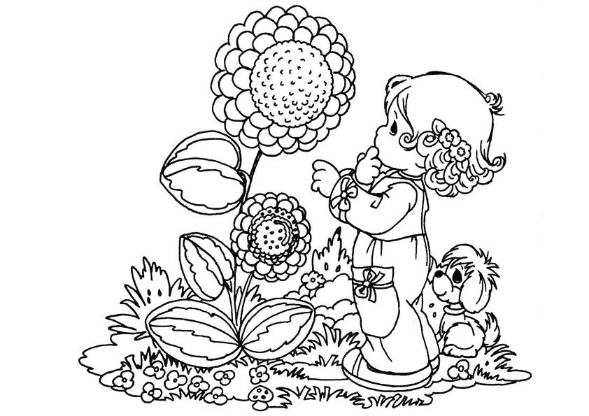 A coloring page of a girl admiring a large sunflower